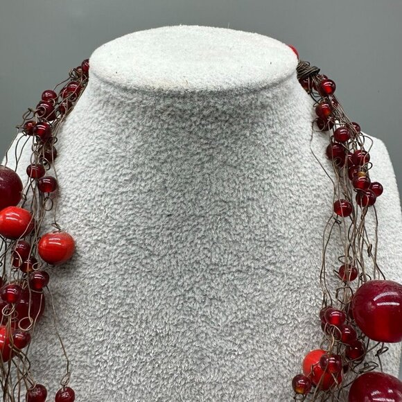 Manouk Red Necklace Multi Strand Wire Wrap Statement Brass Tone Boho Jewelry - Picture 7 of 11